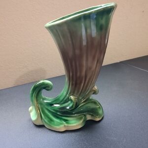 Cornucopia Vase / Planter 7' in. Tall Vintage Green ~ Brown